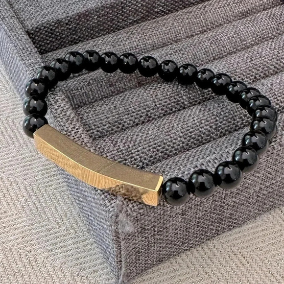 Genuine Onyx Beaded 18k PVD Stainless Steel Bar Stretch Bracelet Waterproof - Picture 4 of 5
